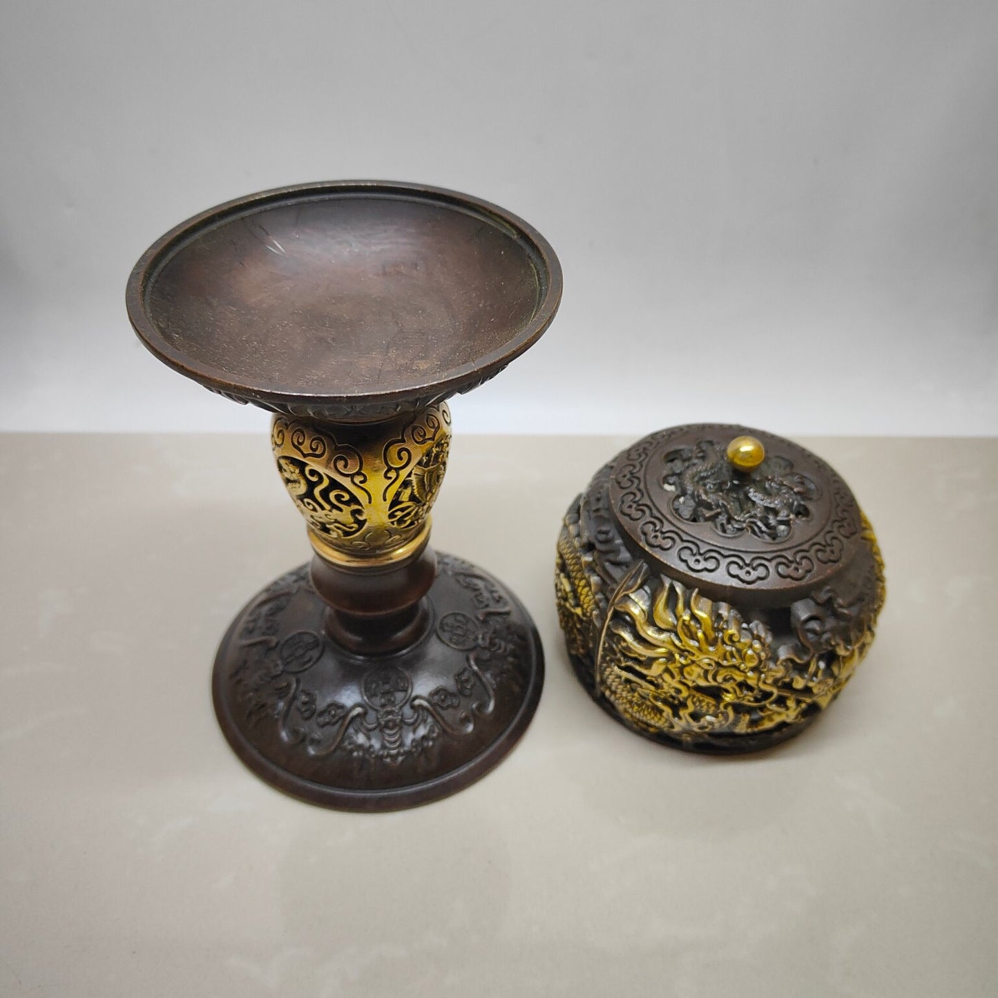 Chinese antique pure copper double dragon lantern furnace