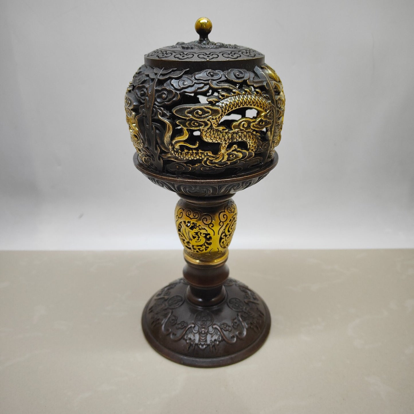 Chinese antique pure copper double dragon lantern furnace