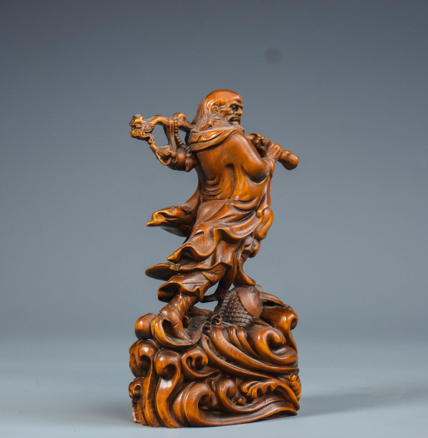 Treasured boxwood carving with reeds crossing the river, Damo