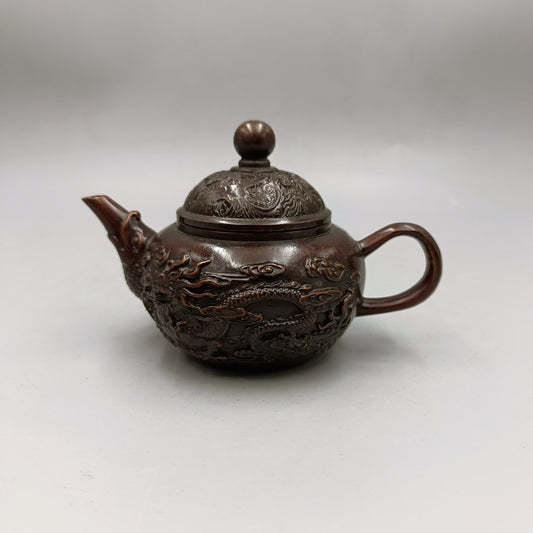 Chinese Antique Pure Copper Dragon and Phoenix Auspicious Copper Wine Pot Small Handle Pot