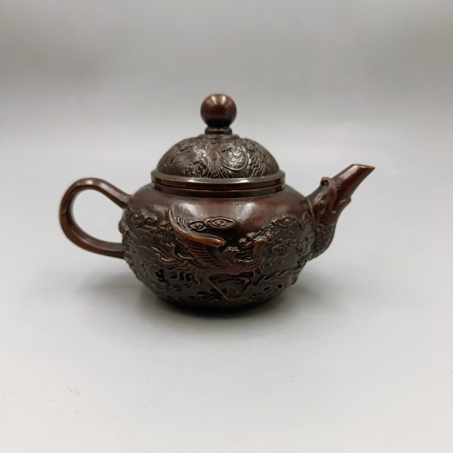 Chinese Antique Pure Copper Dragon and Phoenix Auspicious Copper Wine Pot Small Handle Pot