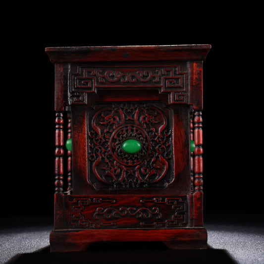 Chinese antique rosewood carving and inlaid gemstone pen holder