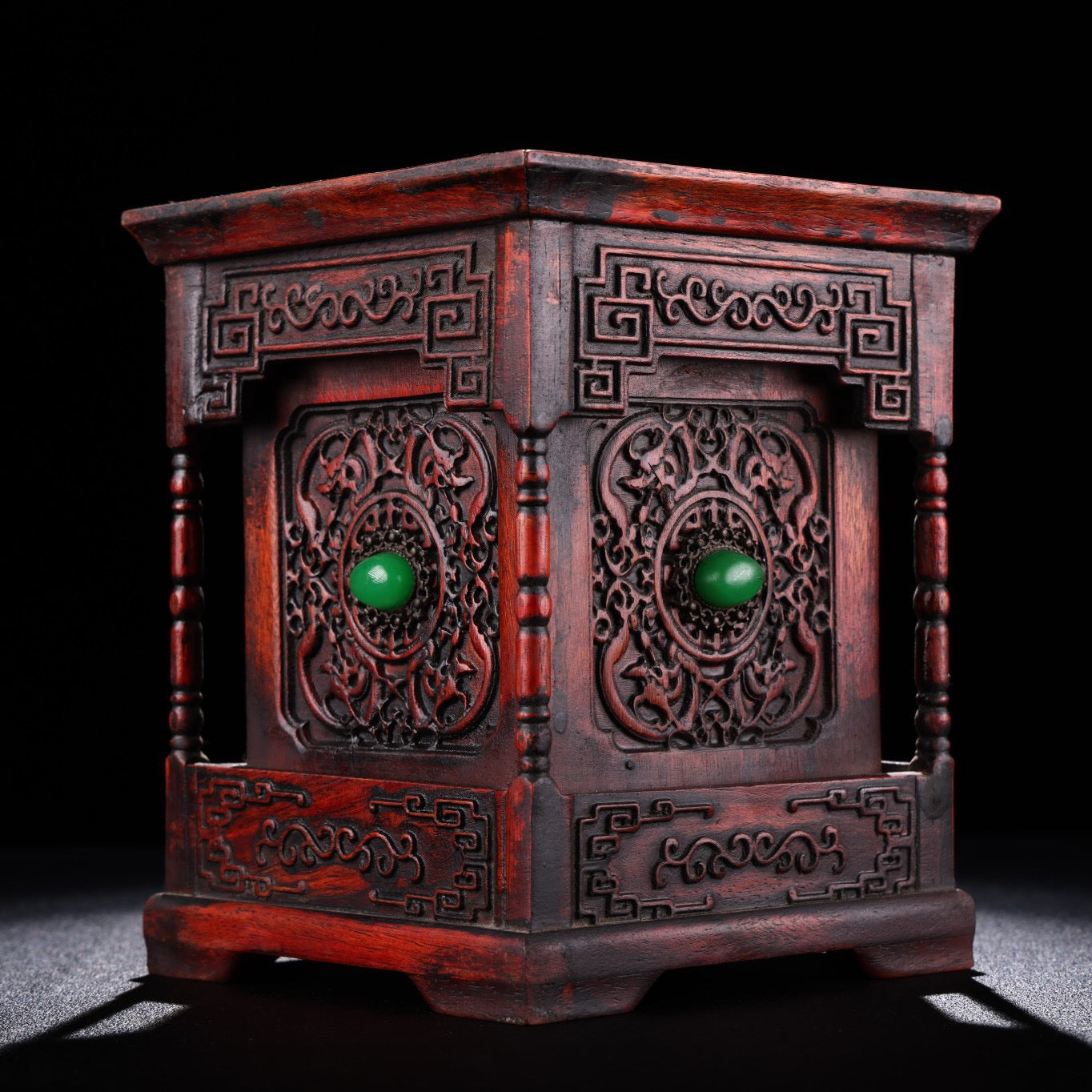 Chinese antique rosewood carving and inlaid gemstone pen holder