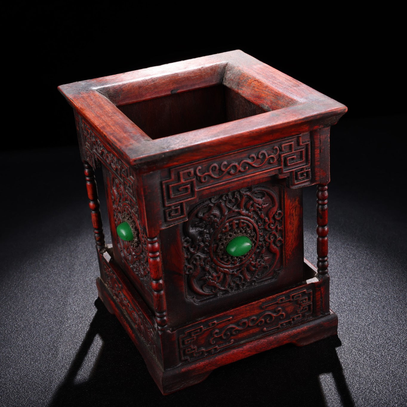 Chinese antique rosewood carving and inlaid gemstone pen holder