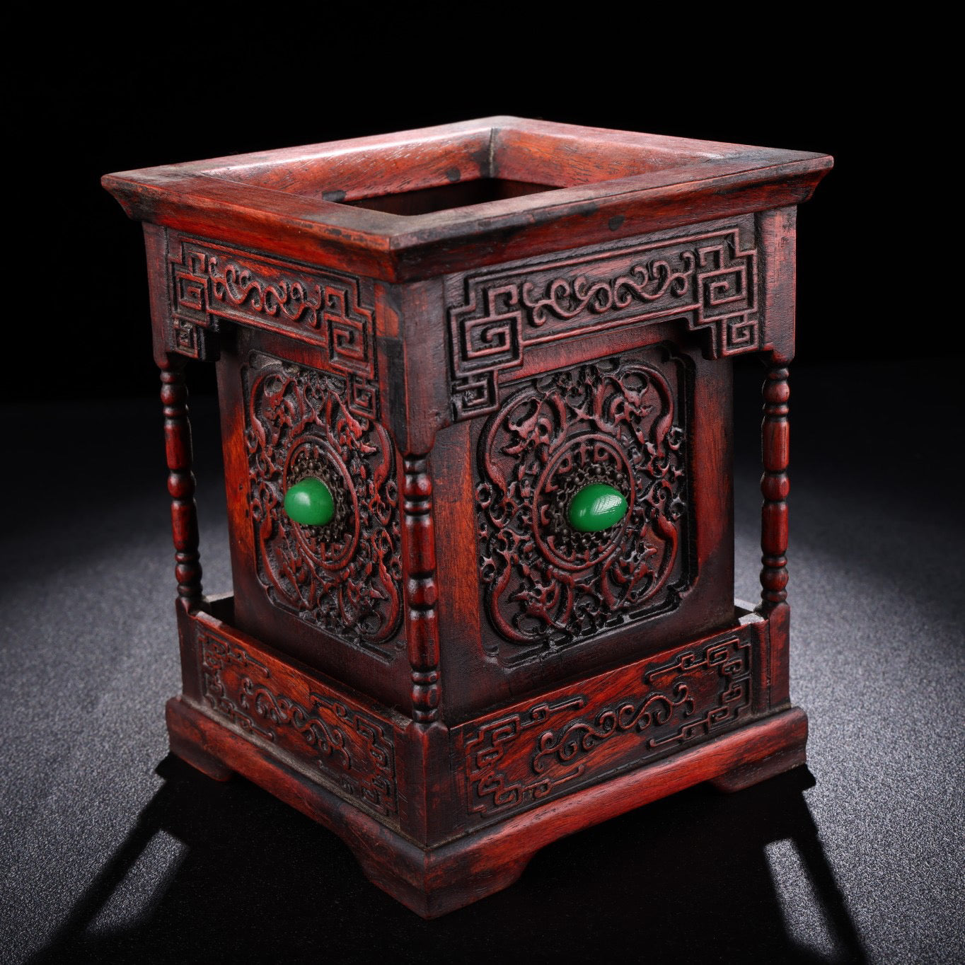 Chinese antique rosewood carving and inlaid gemstone pen holder