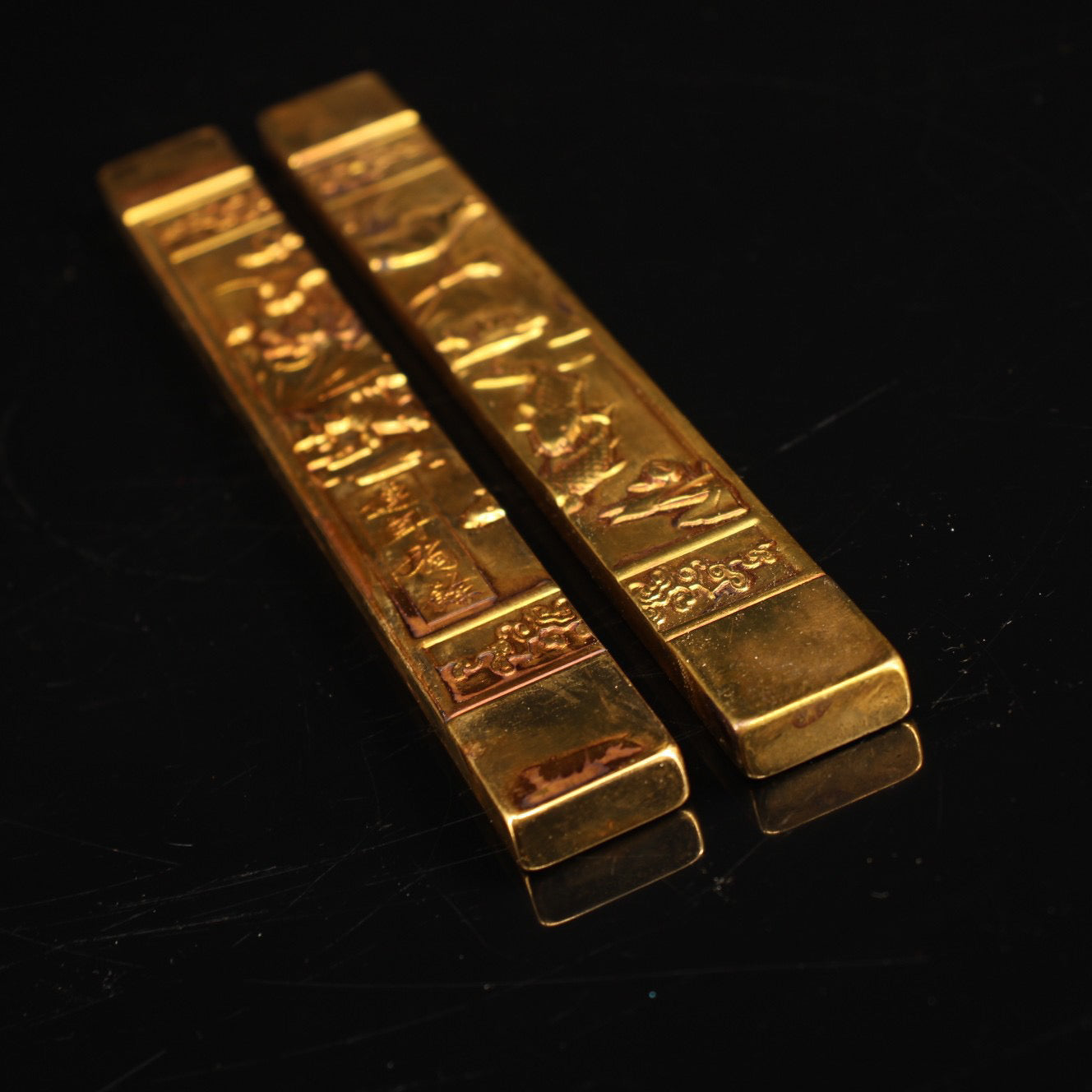 A pair of handmade pure copper gilded town rulers crafted from Chinese antiques