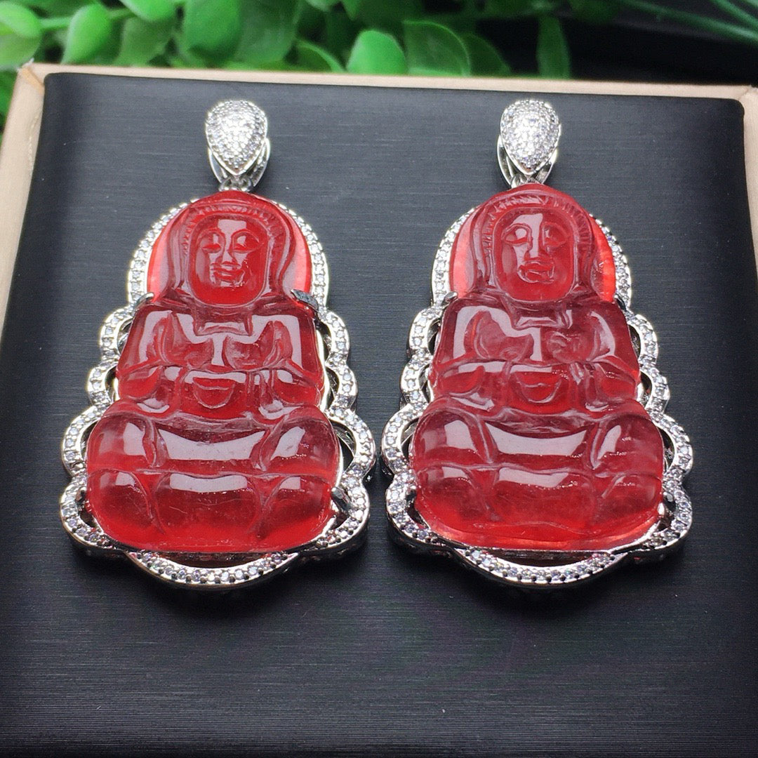 Ice red jade inlaid with Guanyin