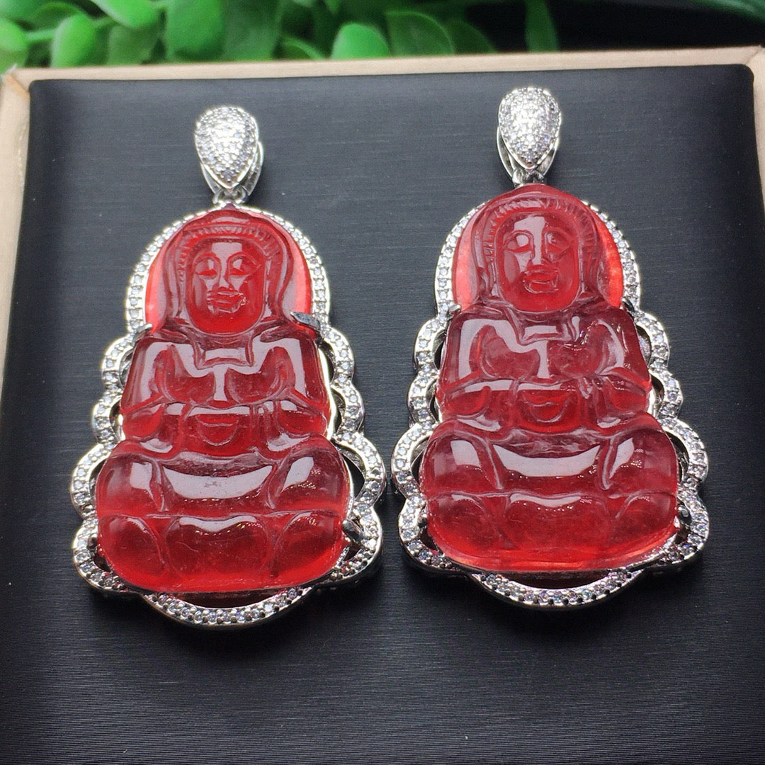 Ice red jade inlaid with Guanyin