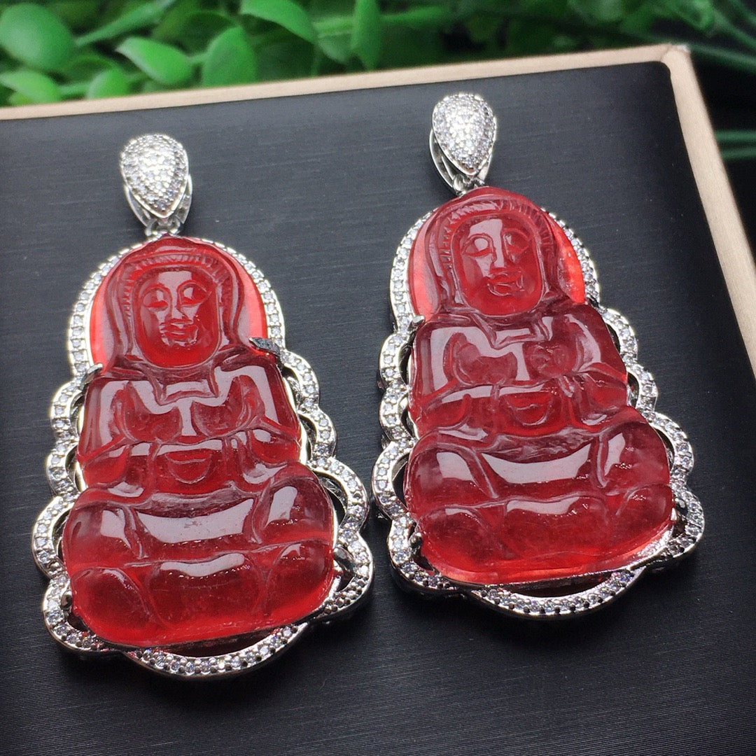 Ice red jade inlaid with Guanyin