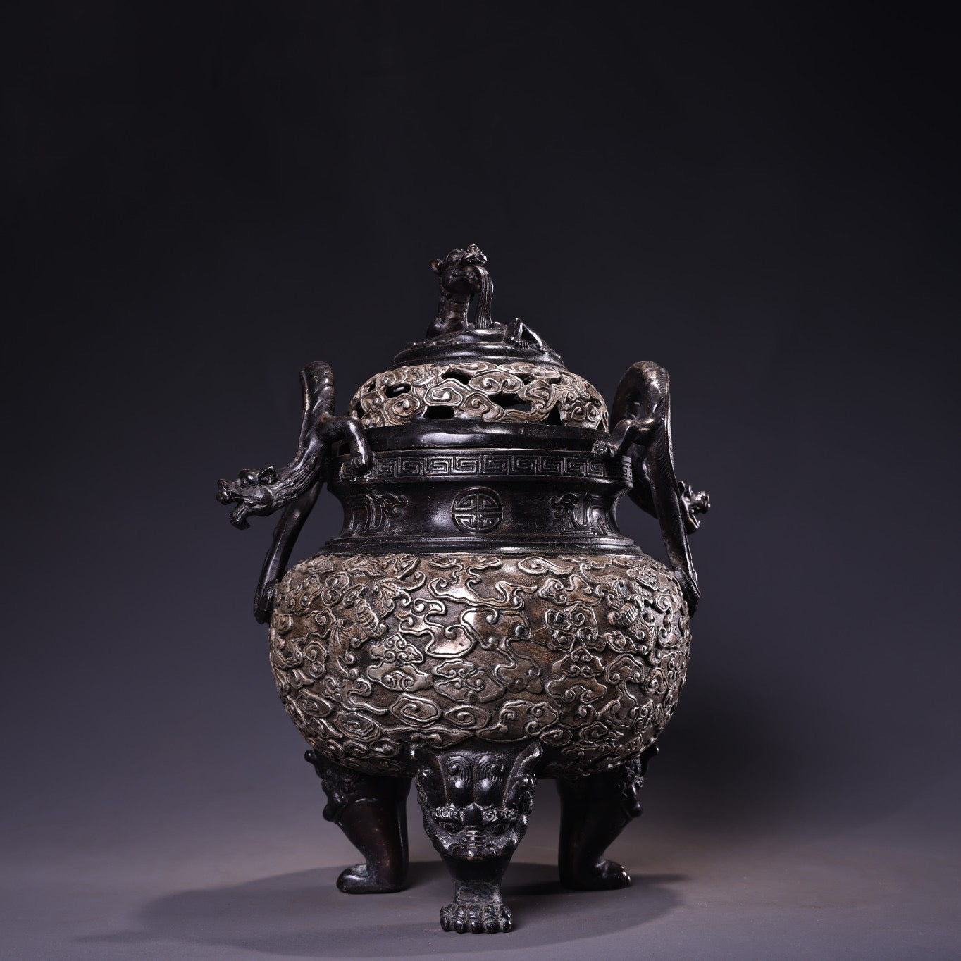 Chinese antique pure copper high relief carved gilded silver incense burner