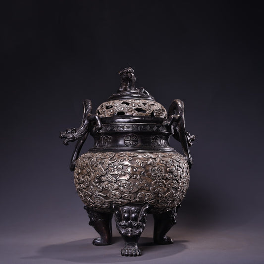 Chinese antique pure copper high relief carved gilded silver incense burner