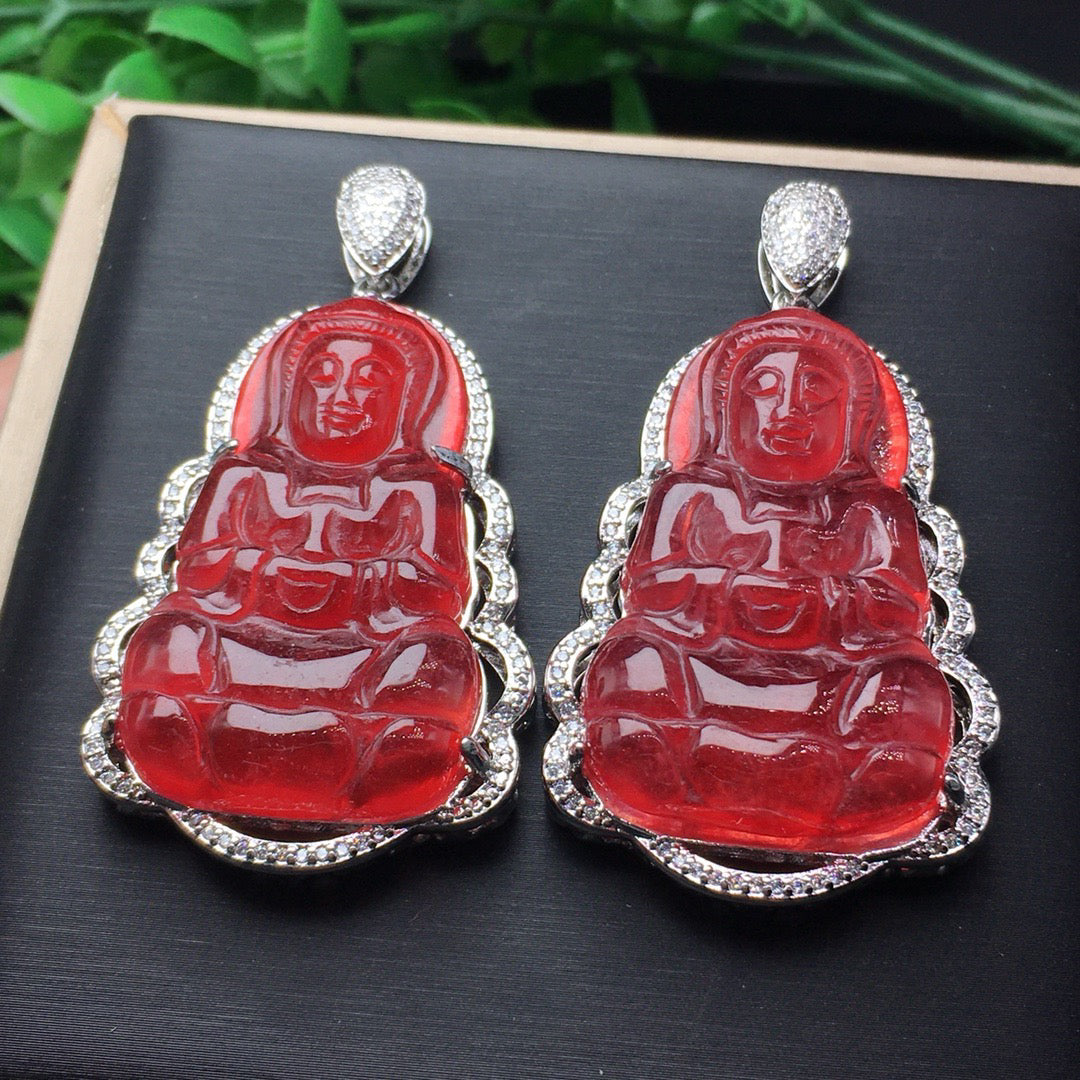 Ice red jade inlaid with Guanyin