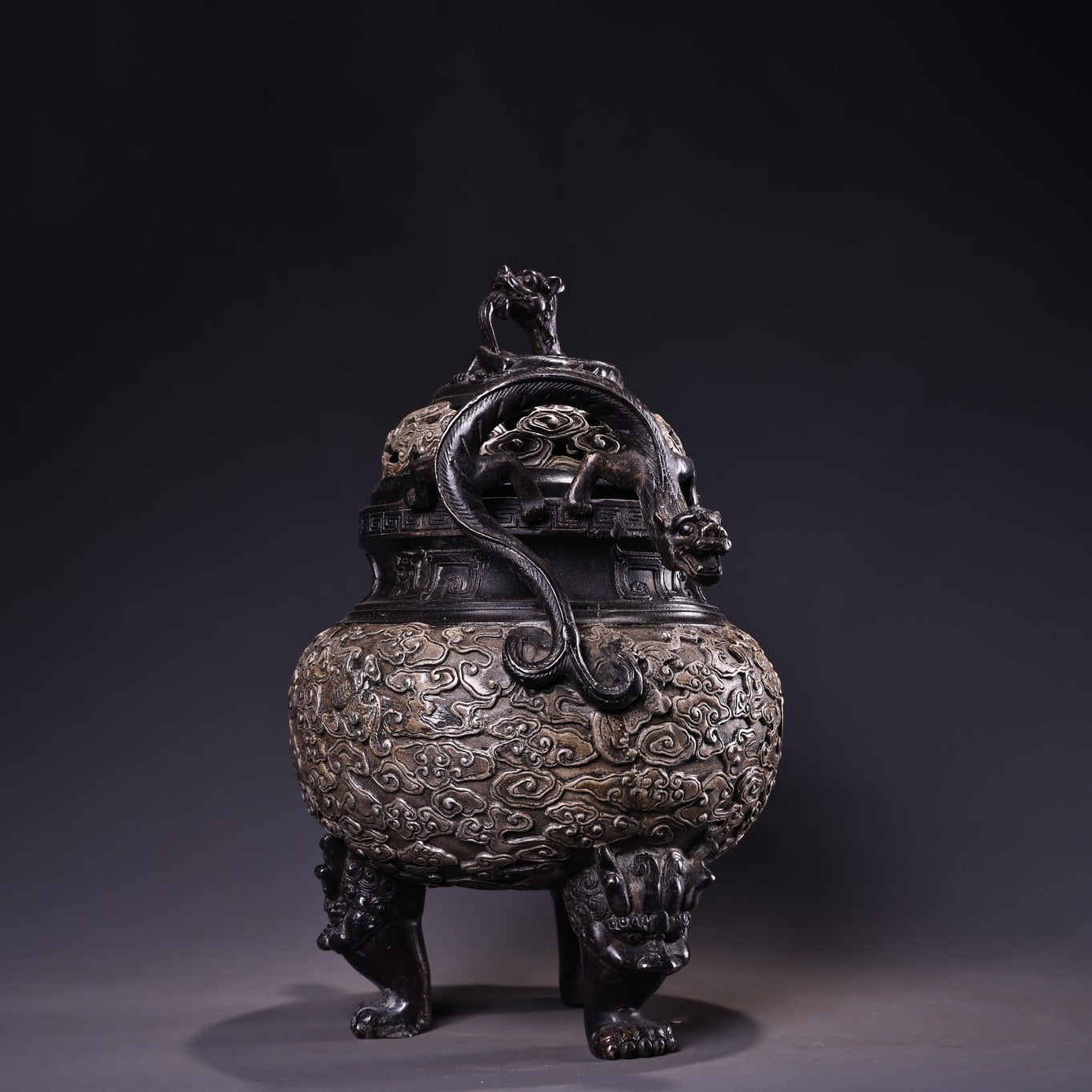 Chinese antique pure copper high relief carved gilded silver incense burner