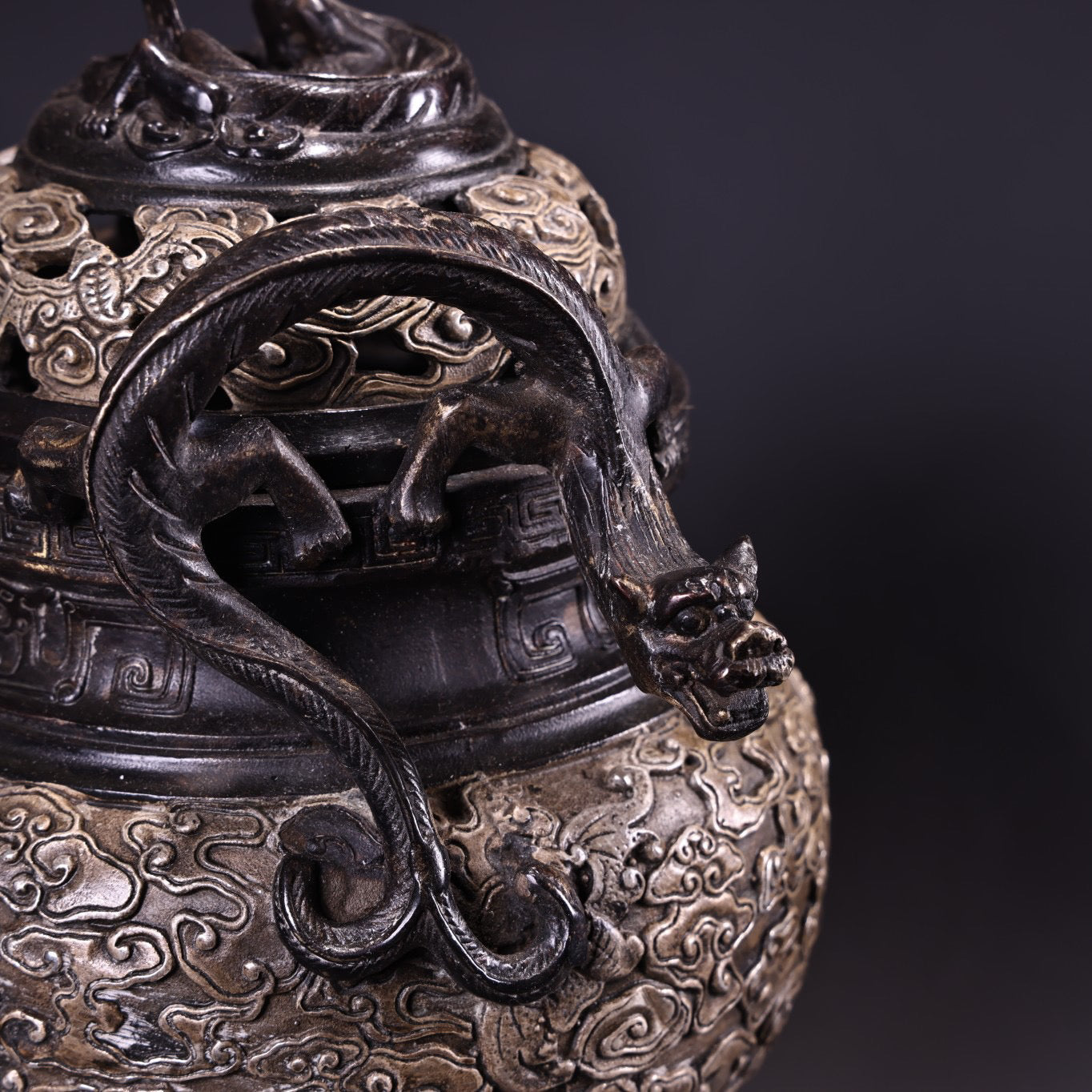 Chinese antique pure copper high relief carved gilded silver incense burner