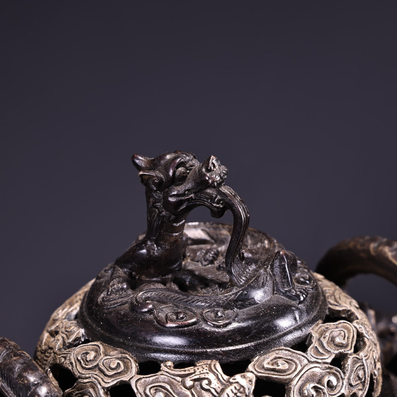 Chinese antique pure copper high relief carved gilded silver incense burner