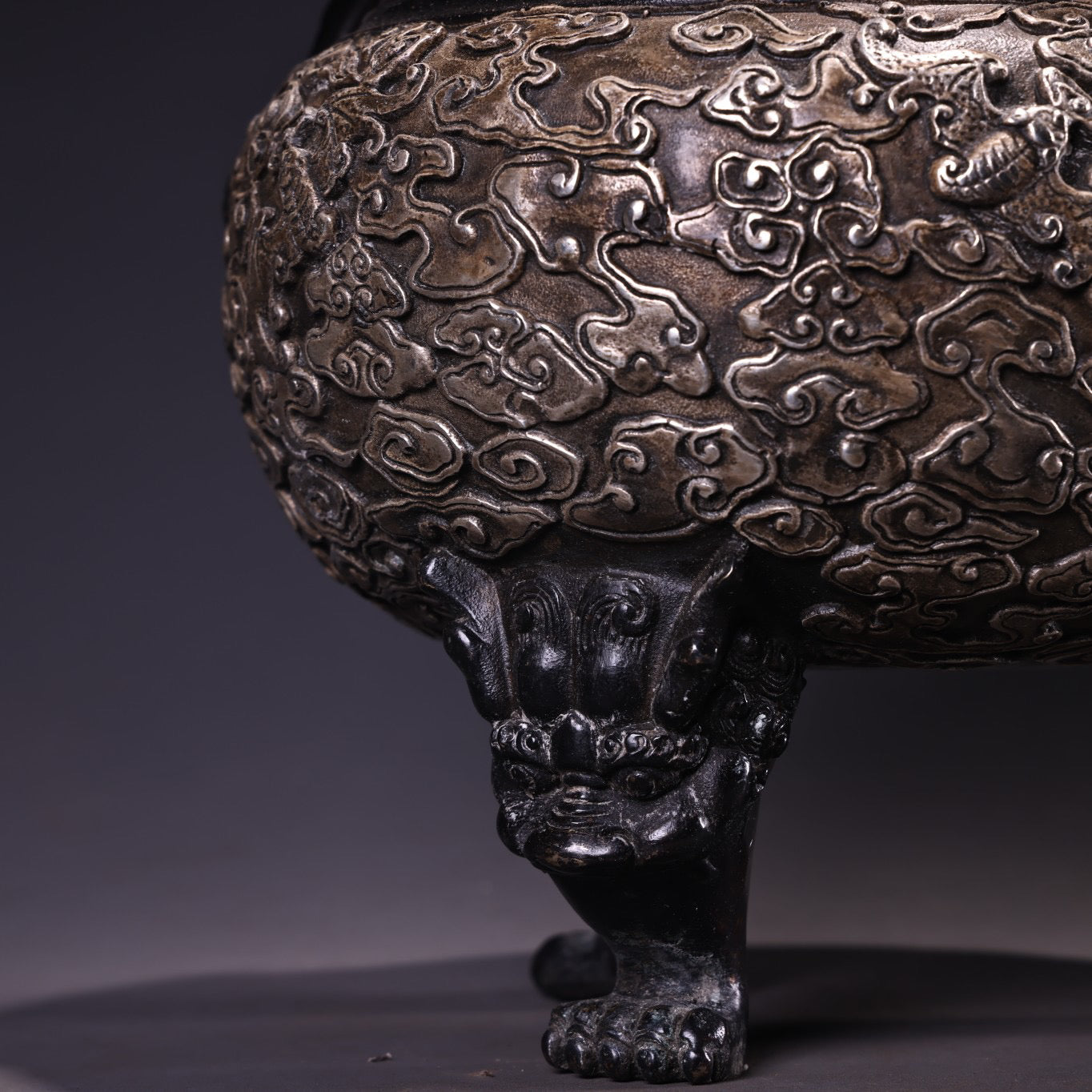 Chinese antique pure copper high relief carved gilded silver incense burner
