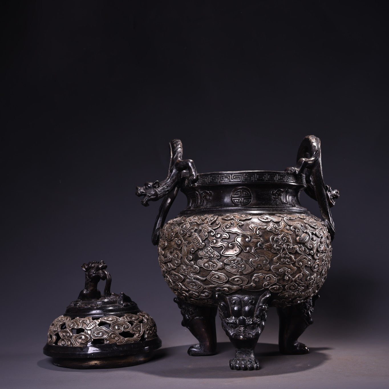 Chinese antique pure copper high relief carved gilded silver incense burner