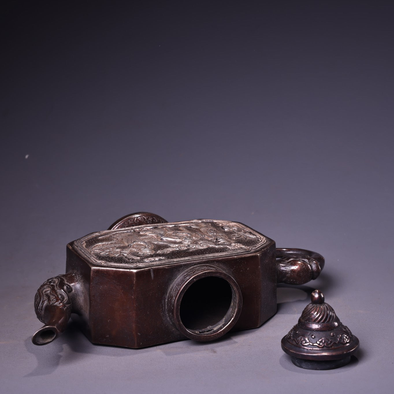 A Chinese antique pure copper high relief carved gilded silver wine pot