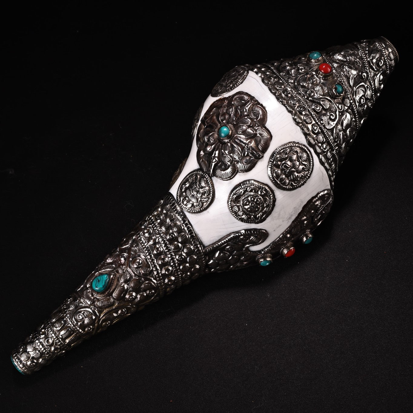Antique Nepalese pure natural white conch bag with silver inlaid gemstones, left handed conch artifact, Dharma name