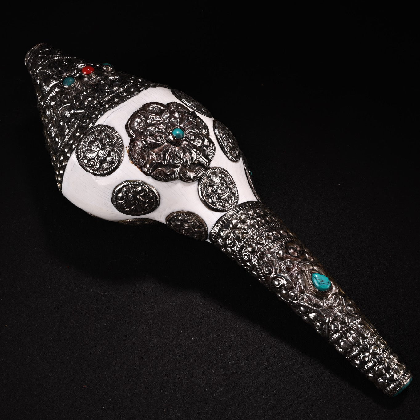 Antique Nepalese pure natural white conch bag with silver inlaid gemstones, left handed conch artifact, Dharma name