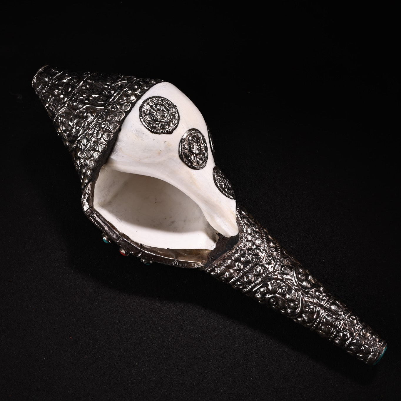 Antique Nepalese pure natural white conch bag with silver inlaid gemstones, left handed conch artifact, Dharma name