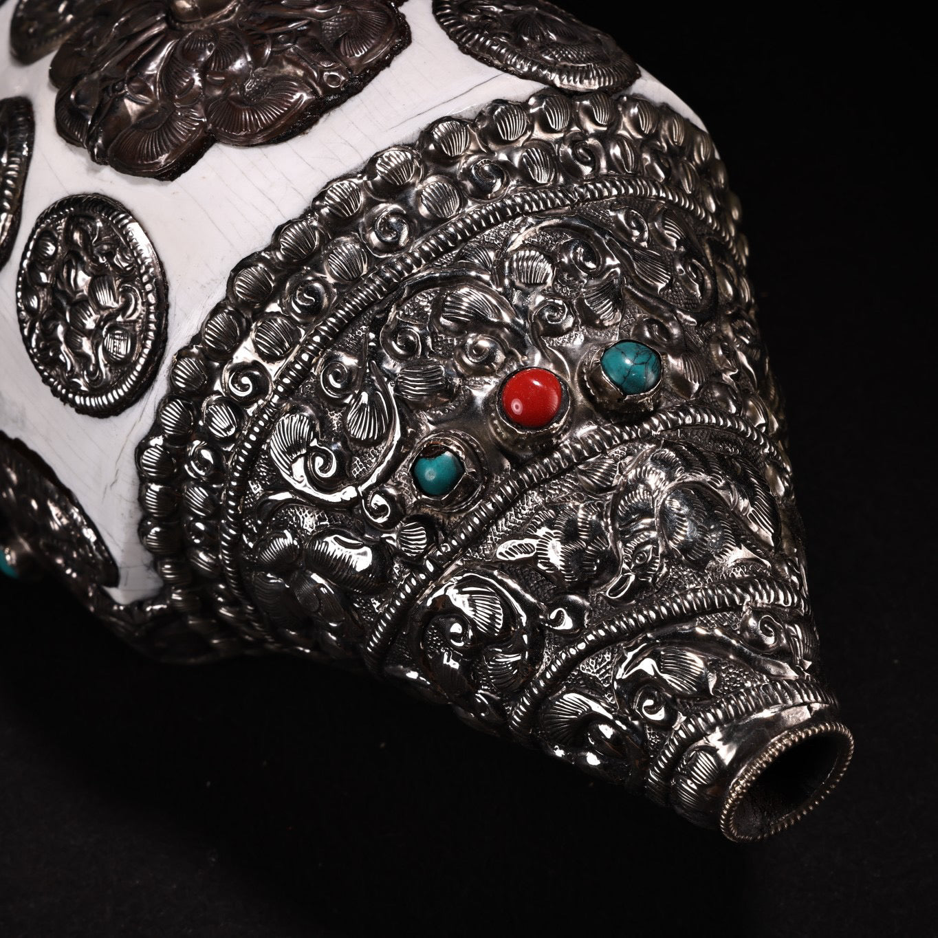 Antique Nepalese pure natural white conch bag with silver inlaid gemstones, left handed conch artifact, Dharma name