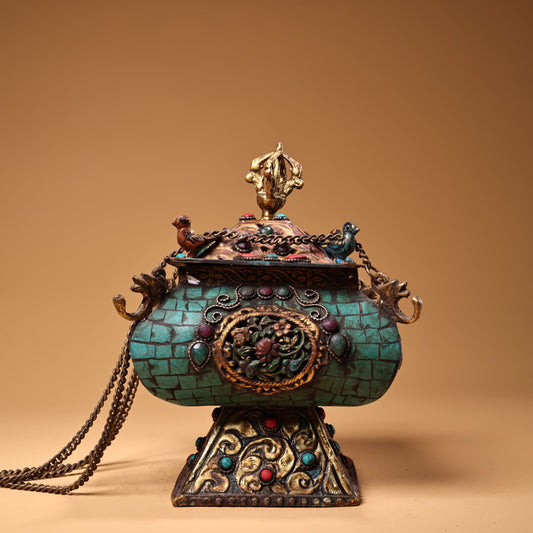 Antique collection, pure copper, Tibetan craftsmanship, inlaid with gemstones, painted with gold, hanging incense burner