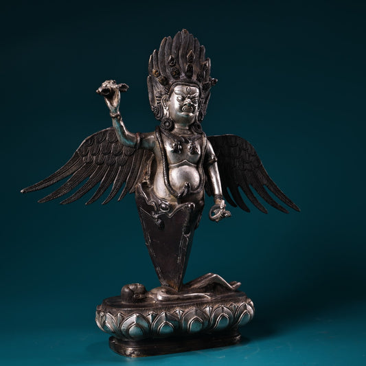 Chinese antique pure copper high relief carved and gilded silver Tibetan eagle god protector Buddha statue