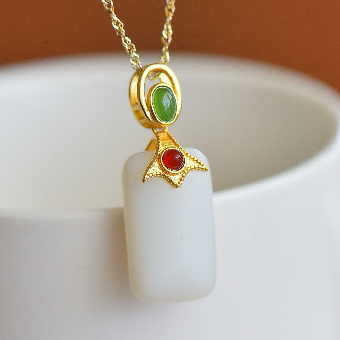 Silver inlaid with Hotan Jade fine material, Ping An brand, and agate bead pendant