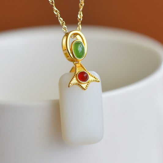 Silver inlaid with Hotan Jade fine material, Ping An brand, and agate bead pendant