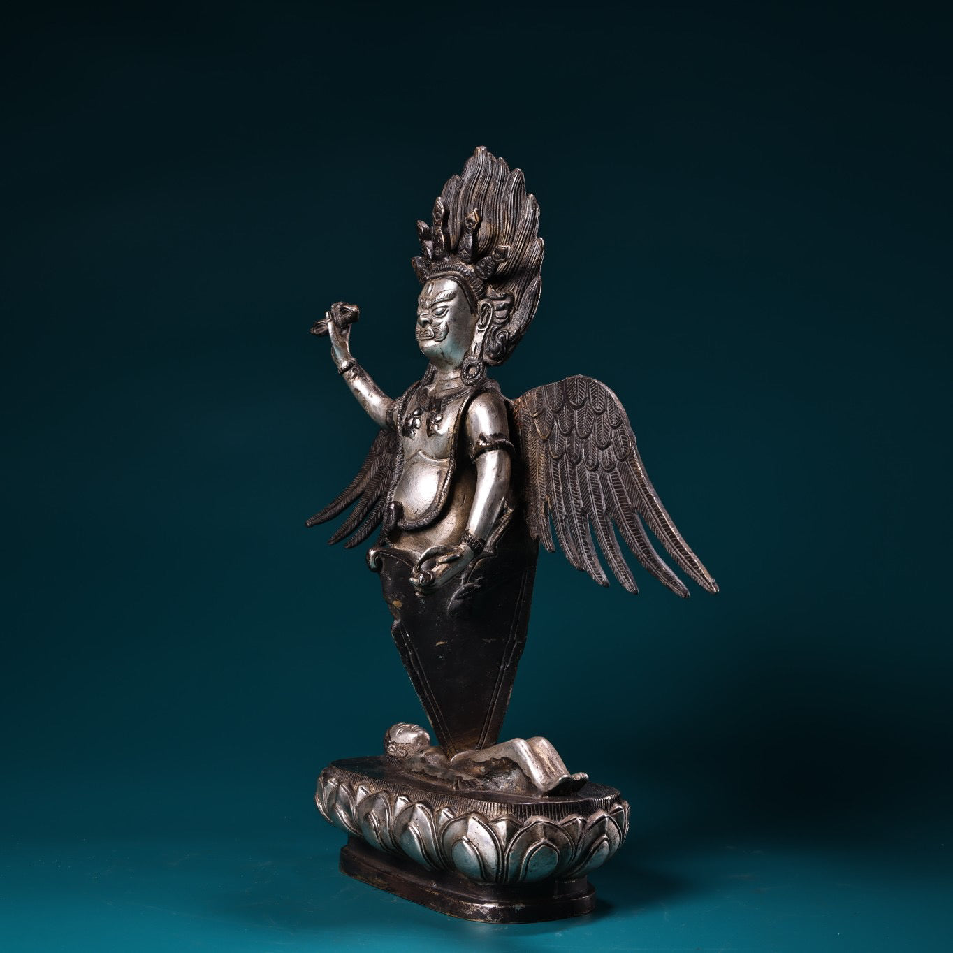 Chinese antique pure copper high relief carved and gilded silver Tibetan eagle god protector Buddha statue