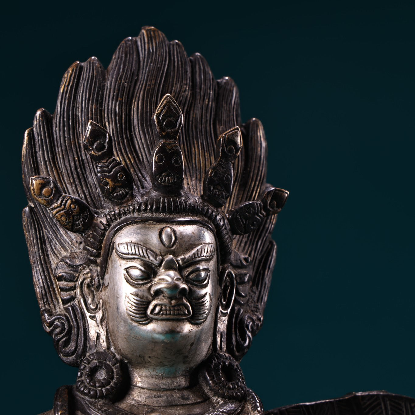 Chinese antique pure copper high relief carved and gilded silver Tibetan eagle god protector Buddha statue