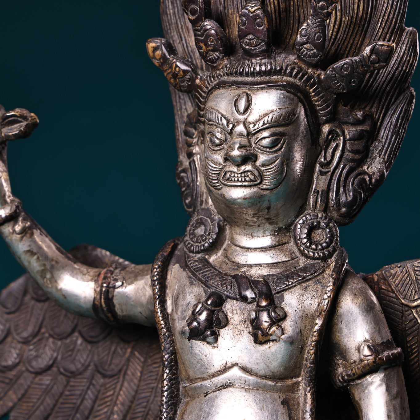 Chinese antique pure copper high relief carved and gilded silver Tibetan eagle god protector Buddha statue