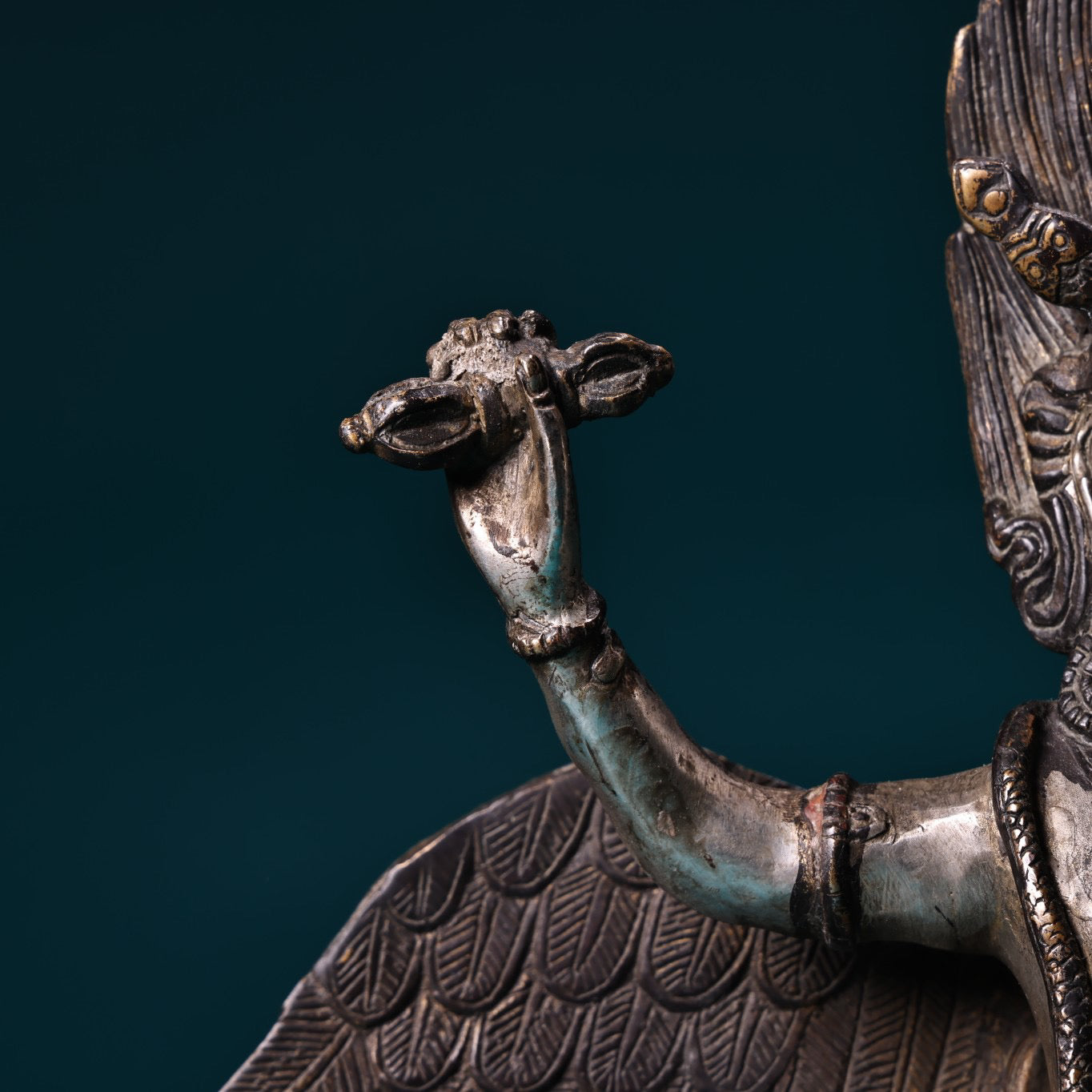 Chinese antique pure copper high relief carved and gilded silver Tibetan eagle god protector Buddha statue