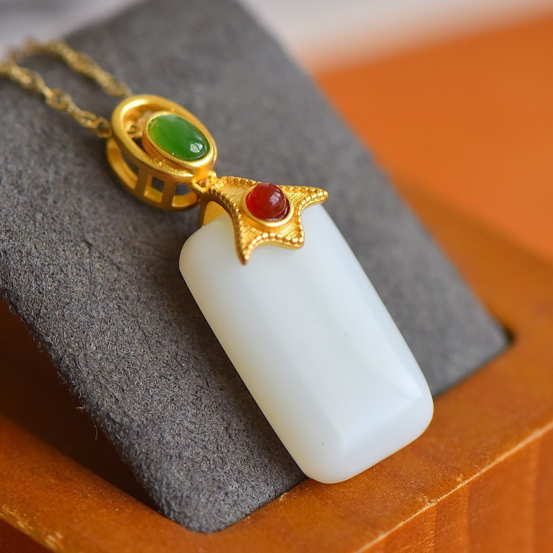 Silver inlaid with Hotan Jade fine material, Ping An brand, and agate bead pendant