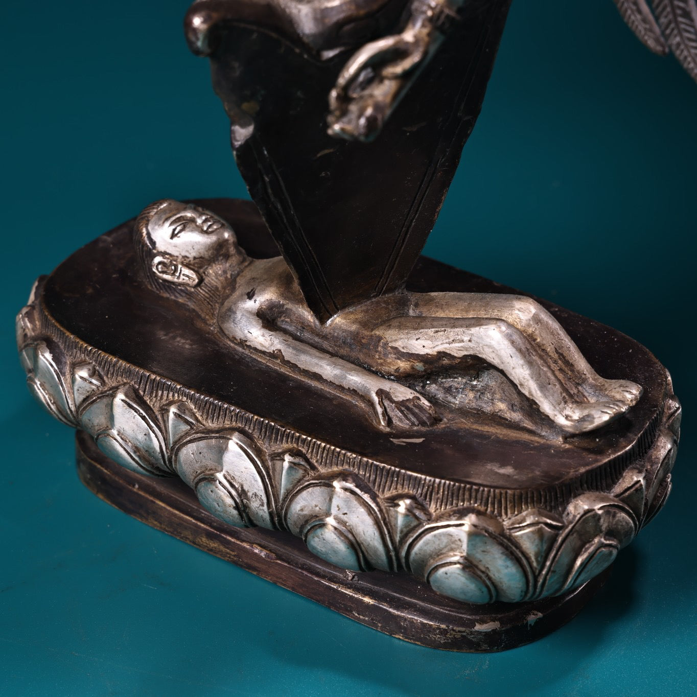 Chinese antique pure copper high relief carved and gilded silver Tibetan eagle god protector Buddha statue
