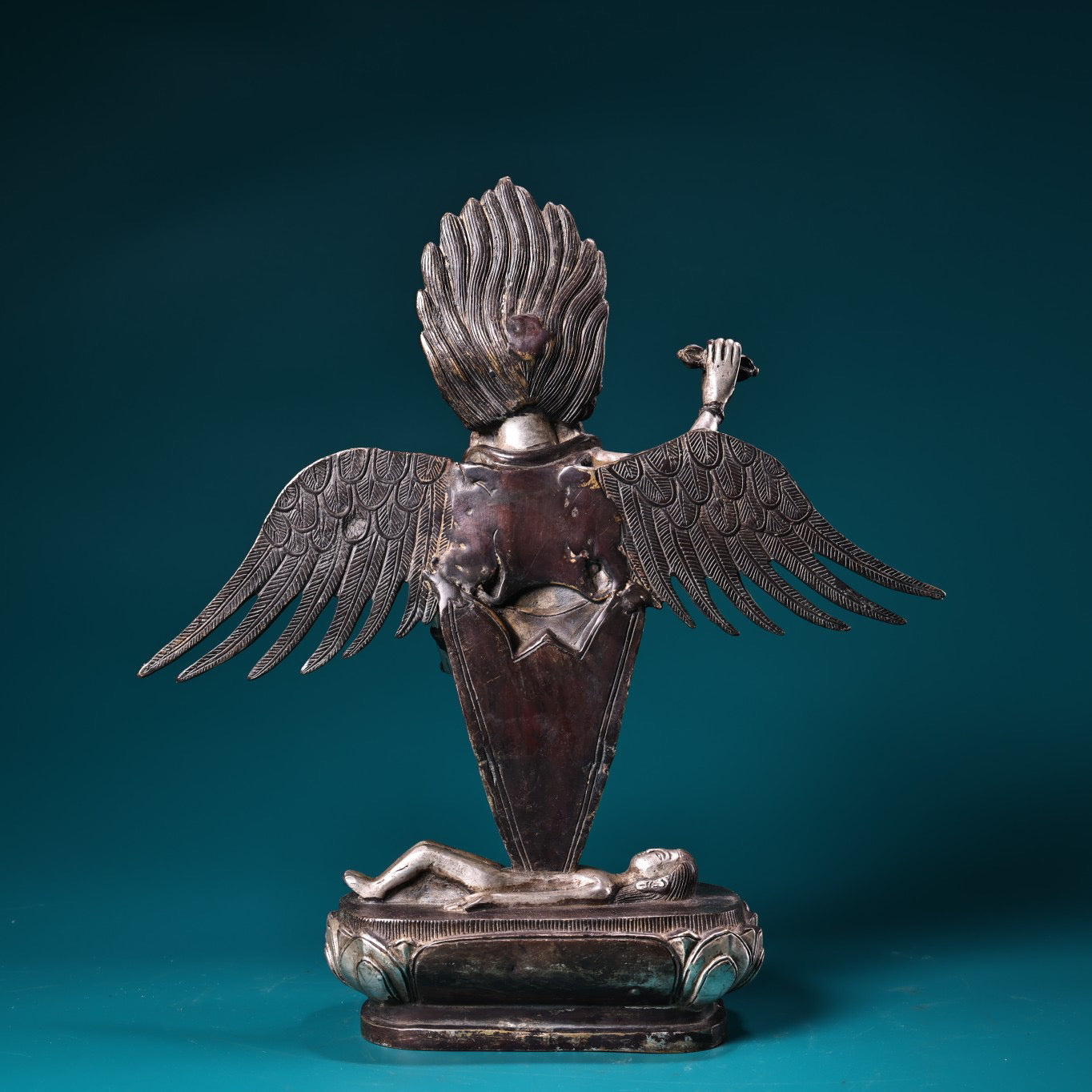Chinese antique pure copper high relief carved and gilded silver Tibetan eagle god protector Buddha statue