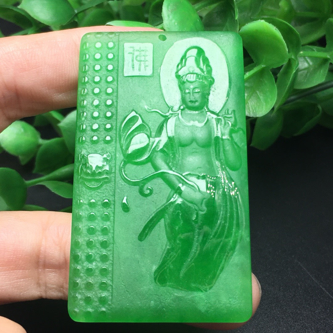 Ice green jade frosted Buddha plaque