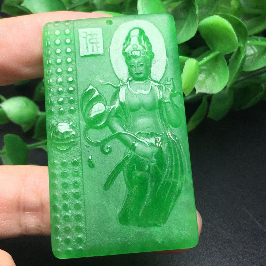 Ice green jade frosted Buddha plaque
