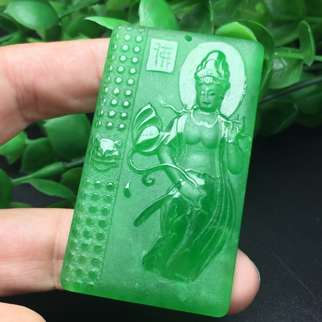 Ice green jade frosted Buddha plaque