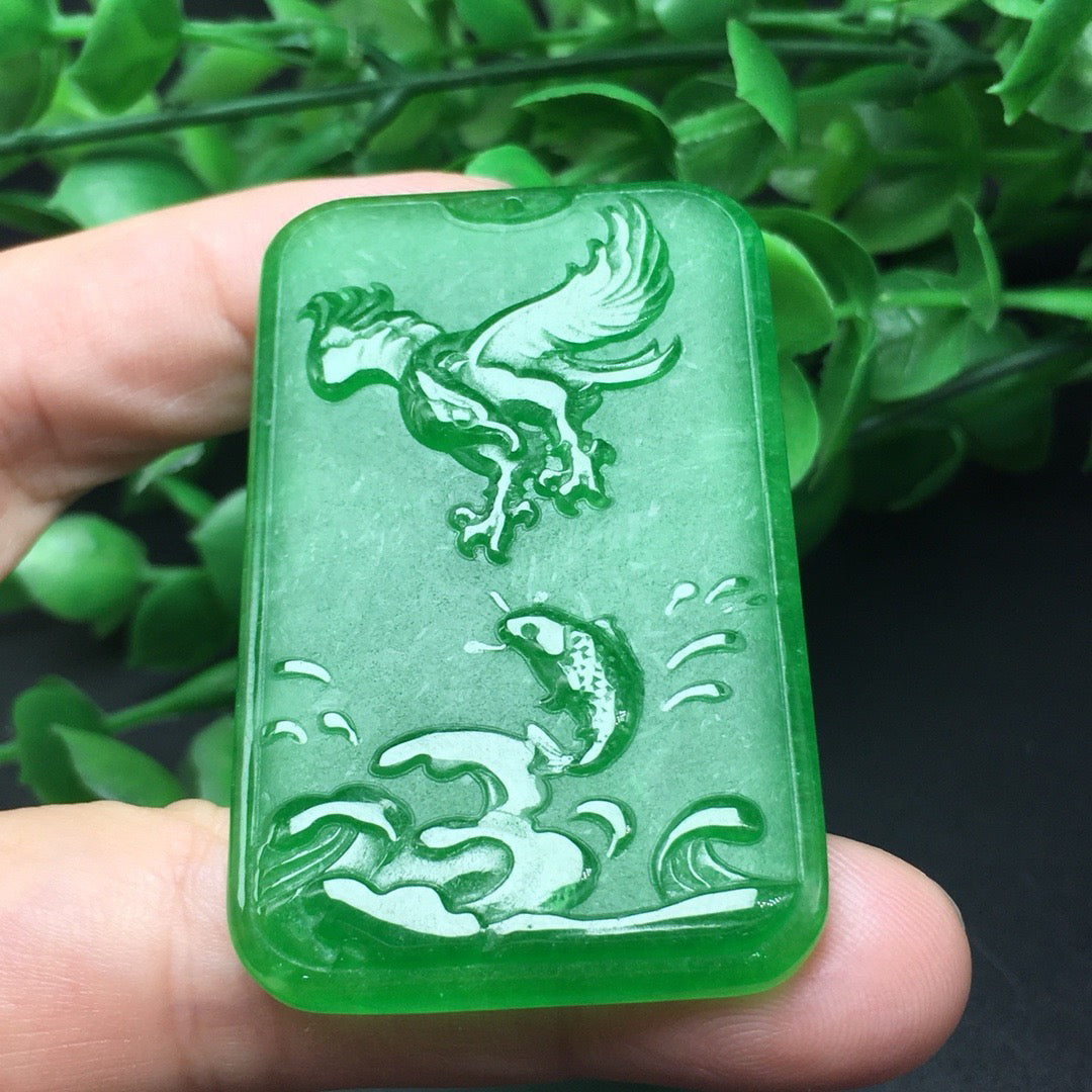 Ice green landscape character jade plaque