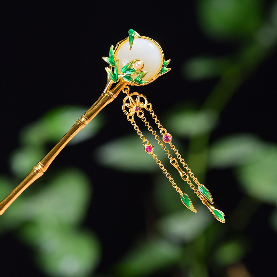 Silver inlaid Hotan Jade enamel hairpin