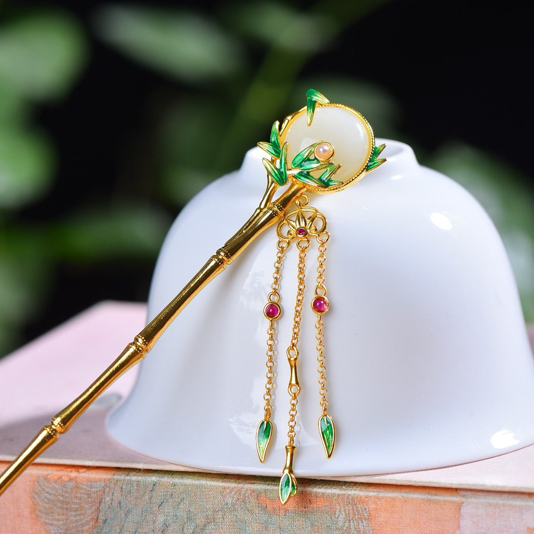 Silver inlaid Hotan Jade enamel hairpin