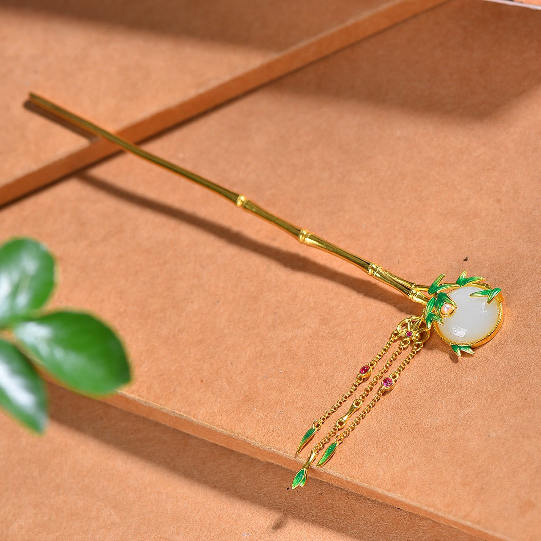 Silver inlaid Hotan Jade enamel hairpin