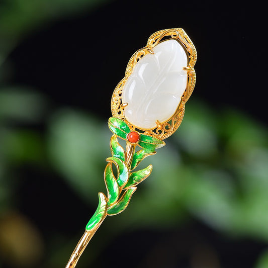 Silver inlaid Hotan Jade Enamel Gold Branch Jade Leaf Hairpin