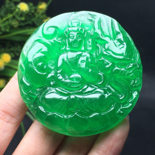 Ice Green Round Jade Dragon Guanyin Card