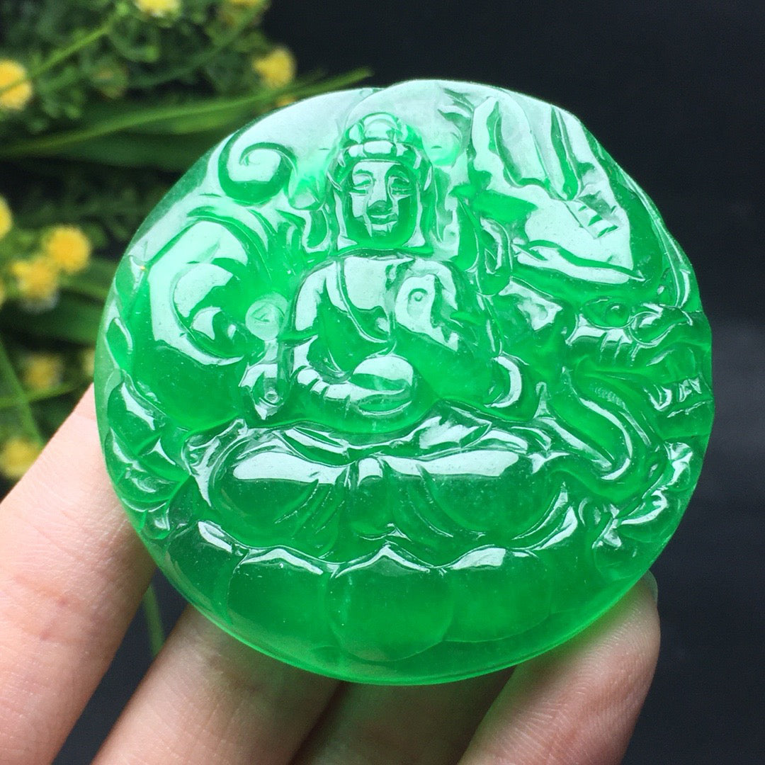 Ice Green Round Jade Dragon Guanyin Card