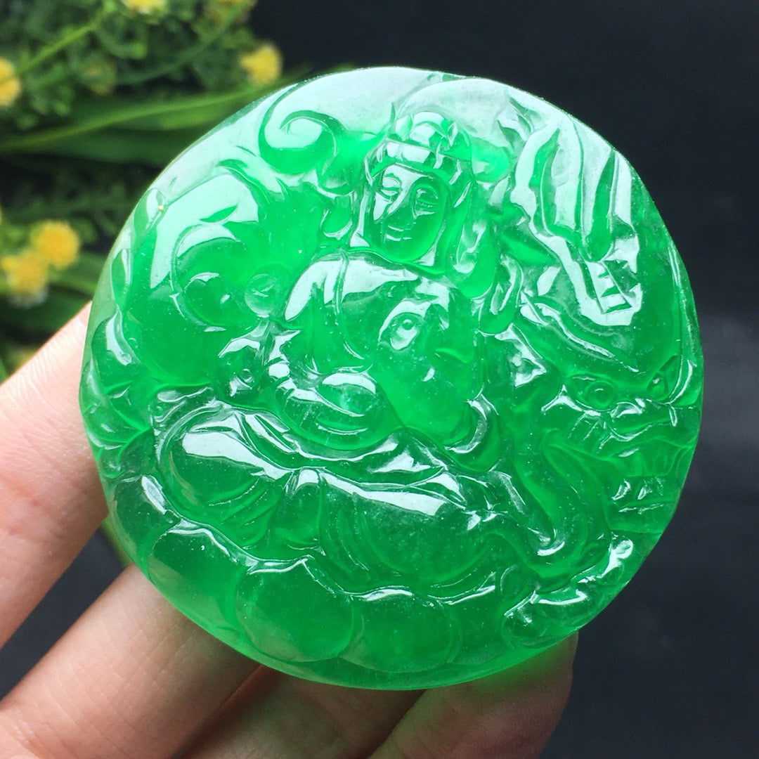 Ice Green Round Jade Dragon Guanyin Card