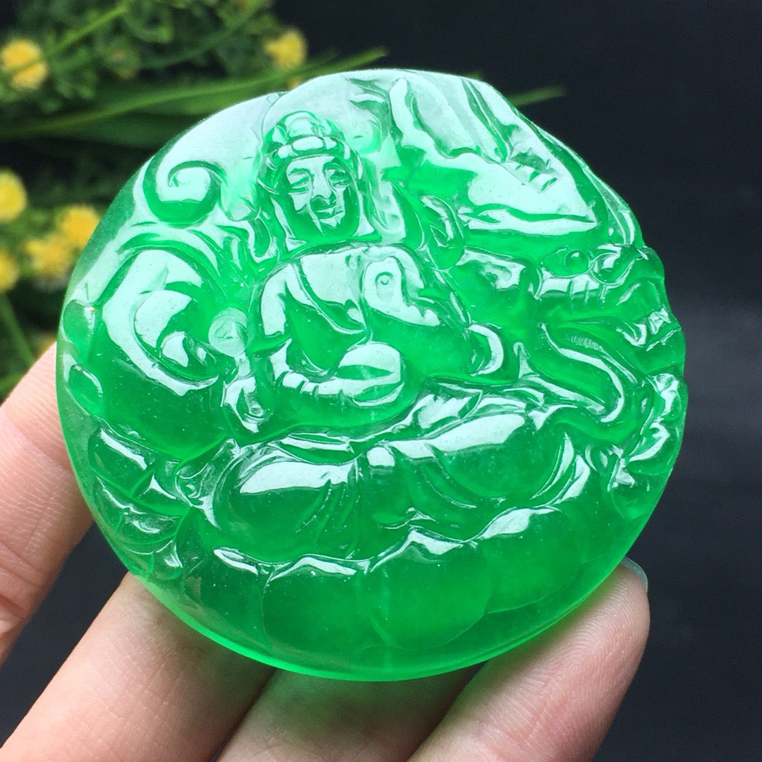 Ice Green Round Jade Dragon Guanyin Card