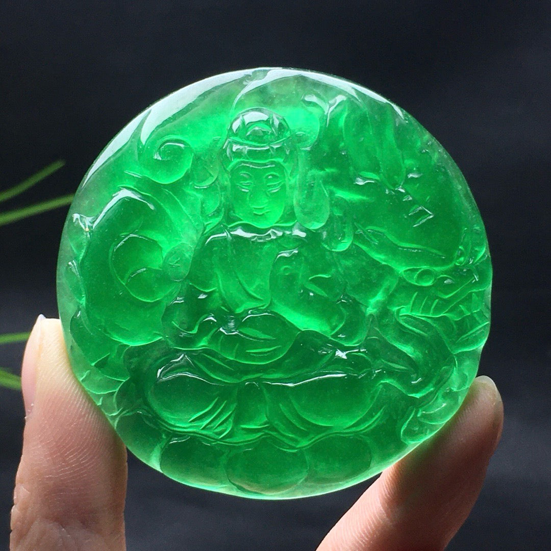 Ice Green Round Jade Dragon Guanyin Card